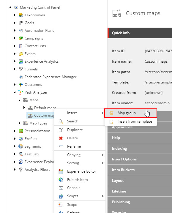Navigate to Path Analyzer -> right click on node Custom maps -> Insert a Map group