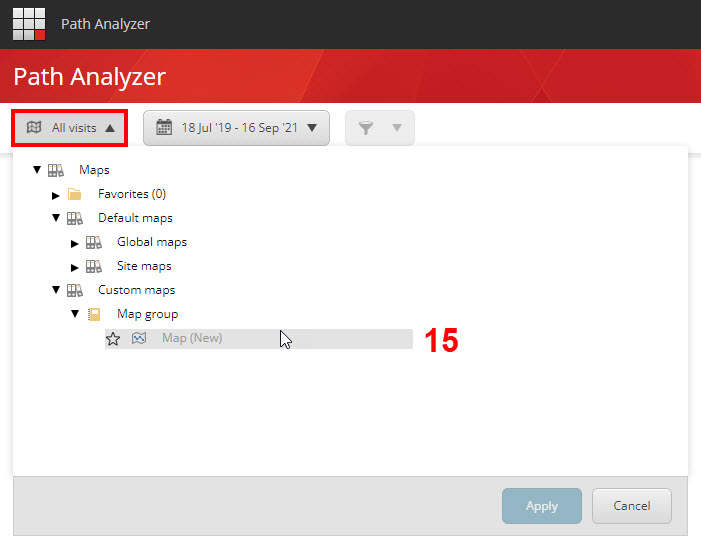 on the top left corner of the Path Analyzer dashboard, click the Maps filter -> navigate to and select your custom map, which should be located under the path Maps -> Custom maps -> your newly created map group