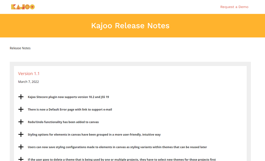 A screenshot of the Kajoo Release Notes page, including bullet point highlights of new features