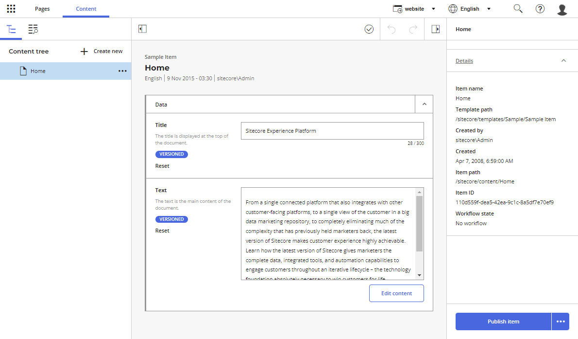 Sitecore Horizon Content view
