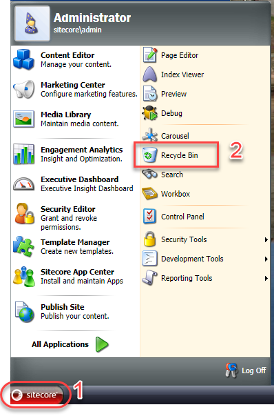 Sitecore All Applications Menu showing Recycle Bin