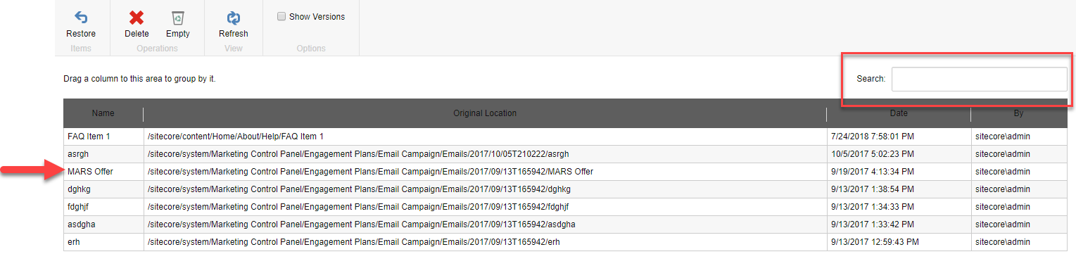 Sitecore Recycle Bin Search Box