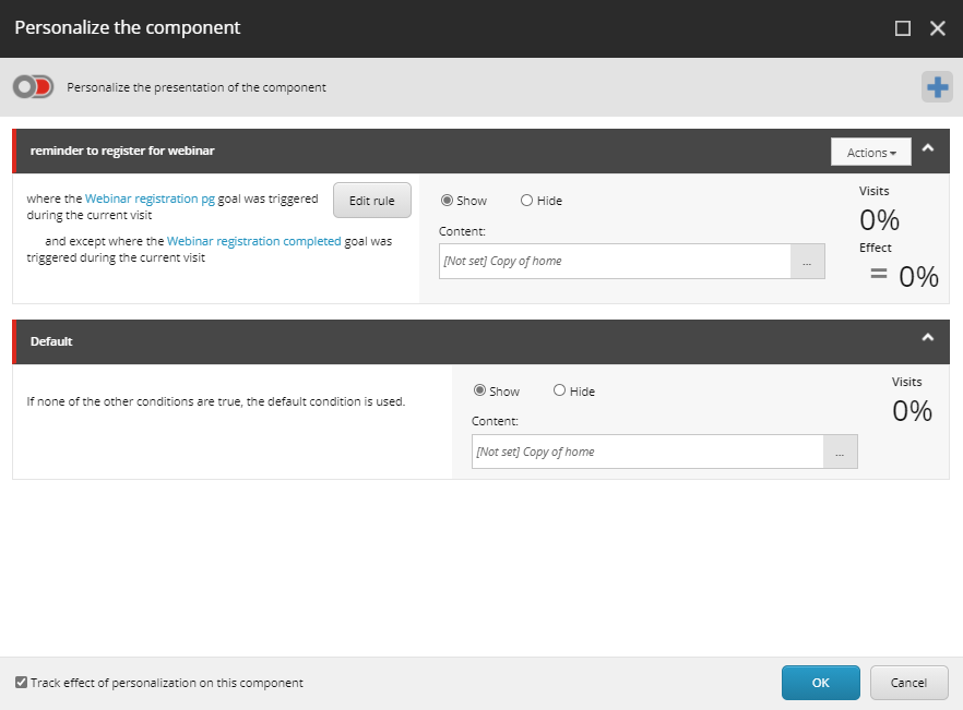 The  personalize the component window after setting the rules