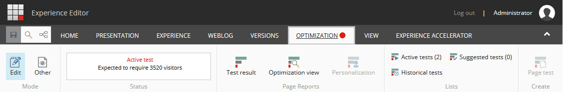 Sitecore's experience editor's optimization tab showing a red dot to indicate a test is running
