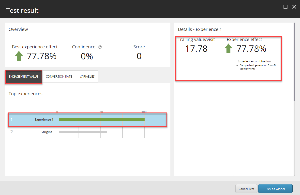 Sitecore's test result dialog box engagement value tab showing the best experience