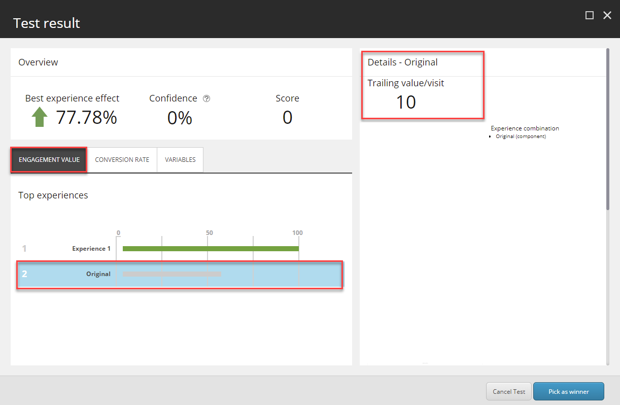 Sitecore's test result dialog box engagement value tab showing the original experience