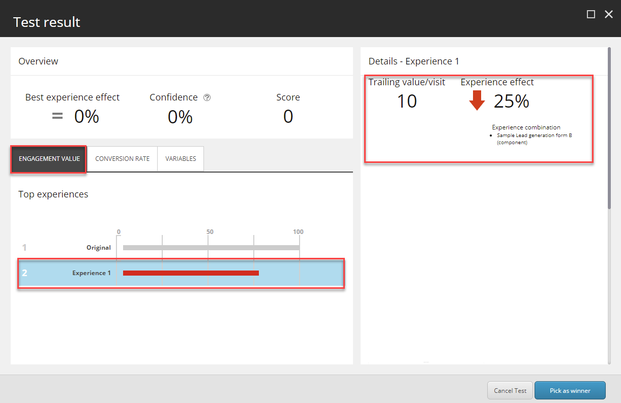 Sitecore's test result dialog box engagement value tab showing the alternative experience when the original one is the best