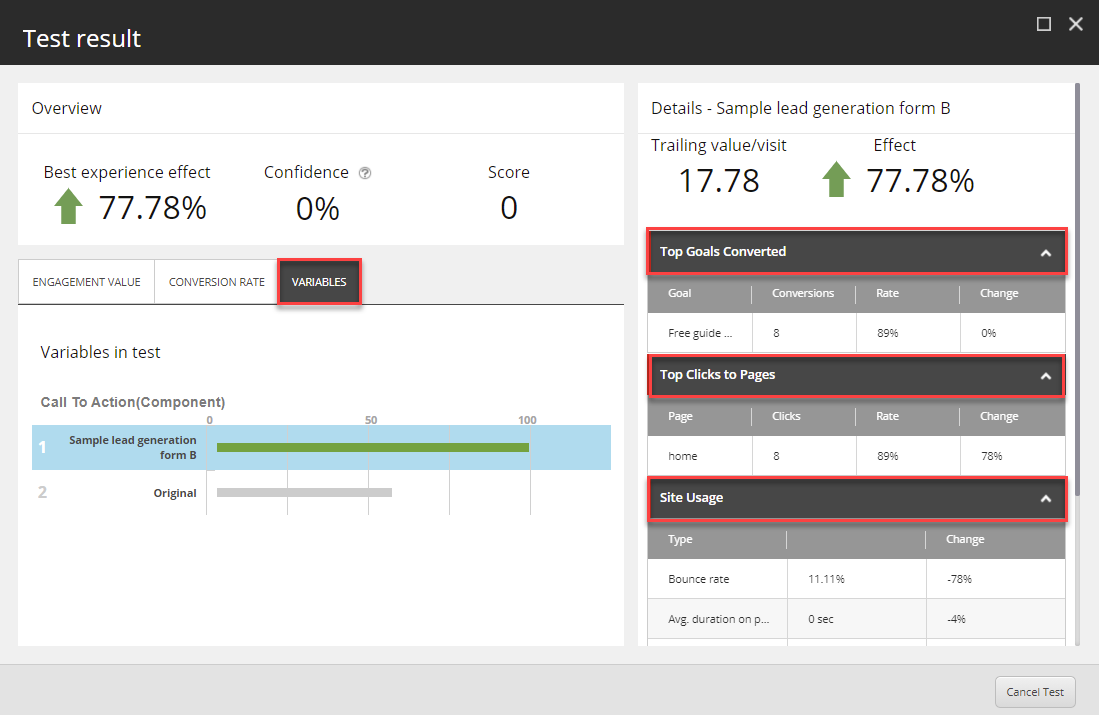 Sitecore's test result dialog box variables tab